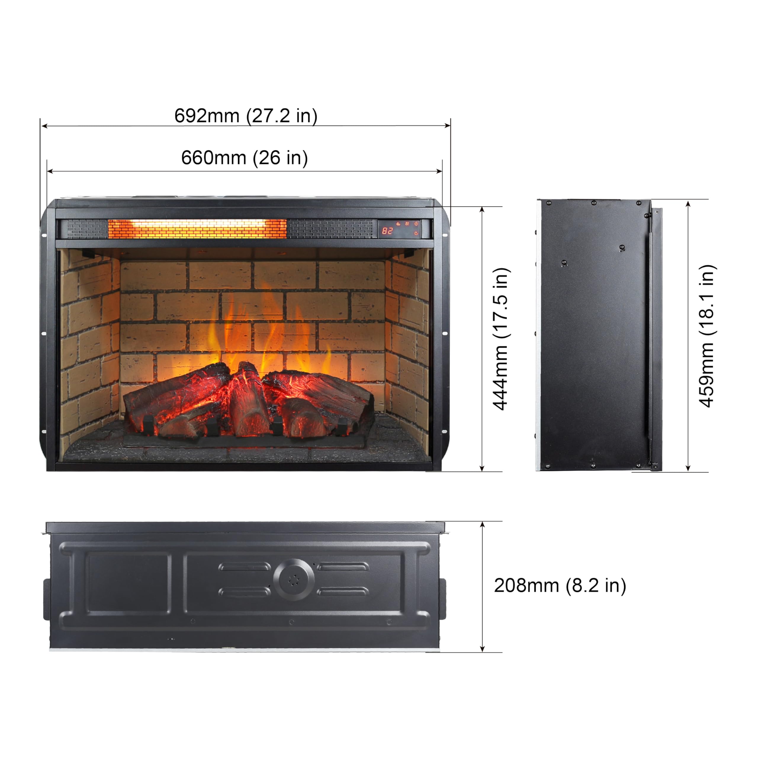 Beleda CSA Certified 26 Inch Infrared Quartz Heater Fireplace Insert - Woodlog Version with Brick | Efficient and Cozy Heating | Realistic Flame Effect | Remote Control Included (26 inch)