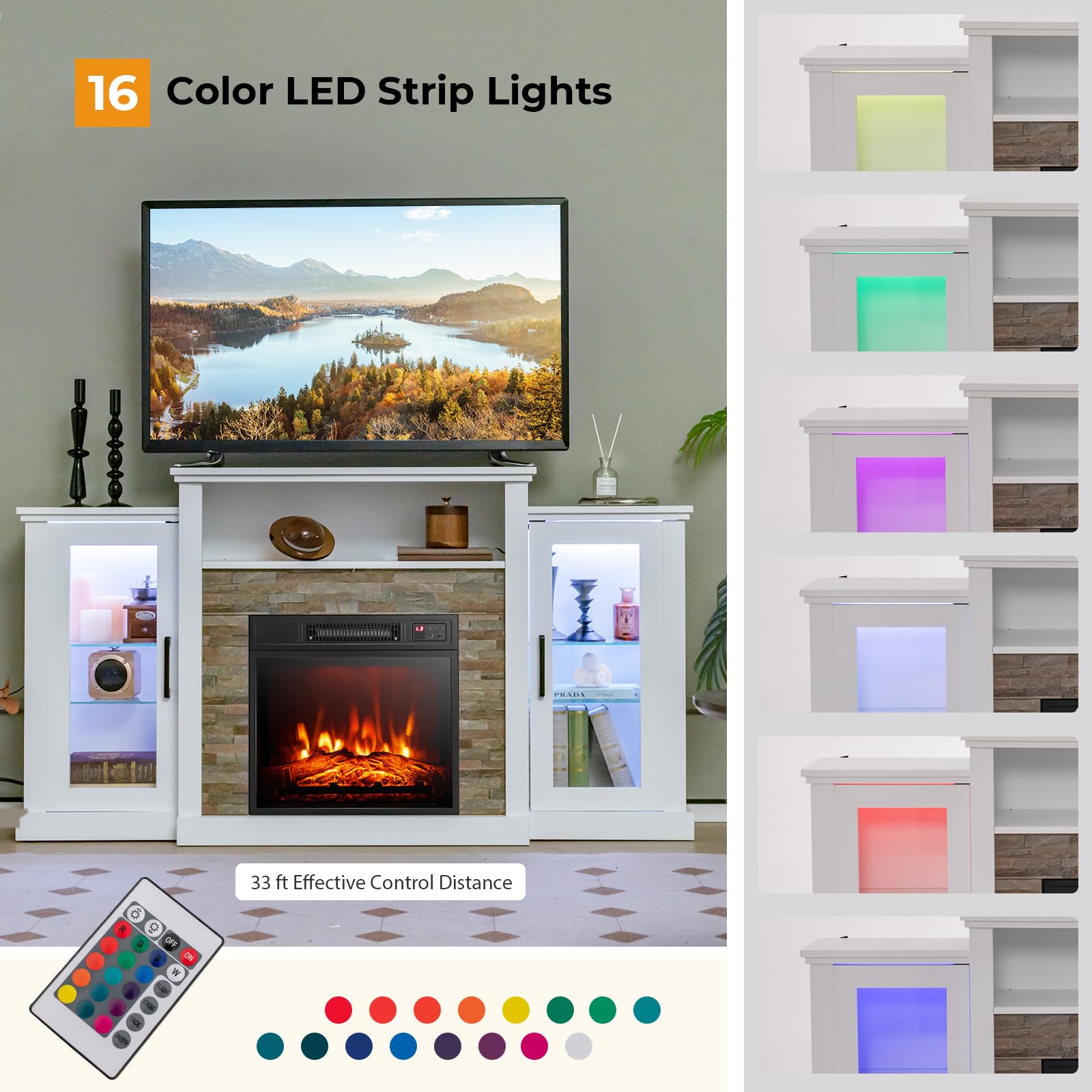 Tangkula Electric Fireplace TV Stand, Electric Fireplace Mantel with 16-Color Led Lights, Adjustable Glass Shelves, Remote & Smart APP Control, TV Console for Living Room (White)