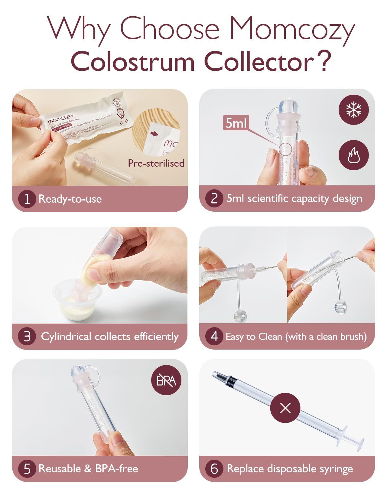 Momcozy Colostrum Collection Toll Kit, Food-grade Silicone Colostrum Collector with Portable Storage Box, Cleaning Brush & Other Accessories, 5ml 1PC