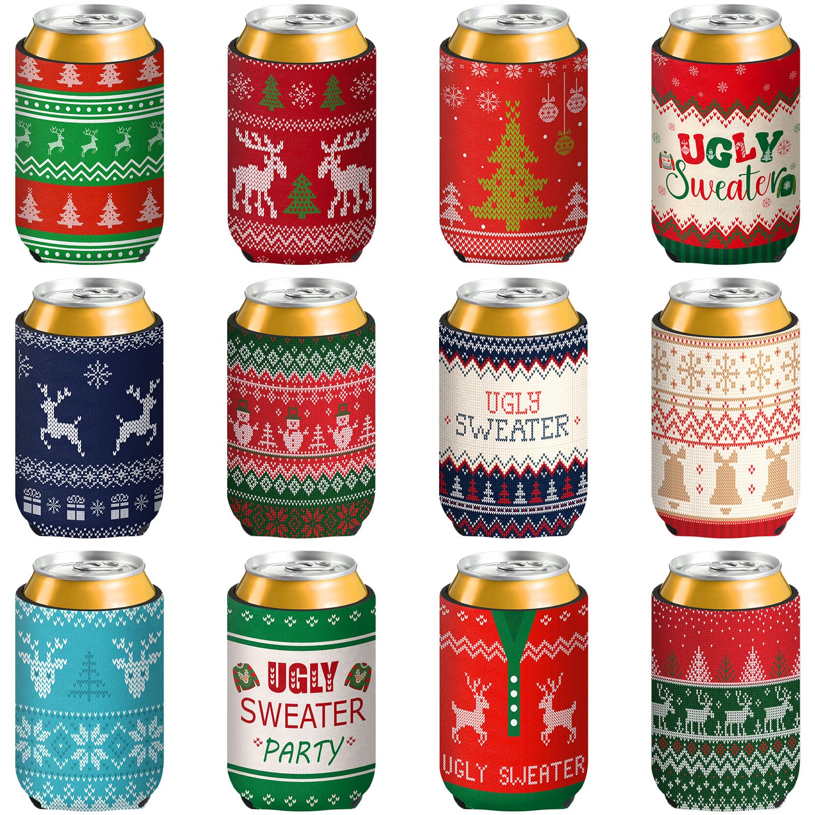 Tiamon 12 Pcs Christmas Ugly Sweater Beer Can Sleeves Xmas Can Cooler Sleeves Funny Christmas Can Covers Drink Beverages Bottle Sleeves Holiday Party Gift Decorations Supplies