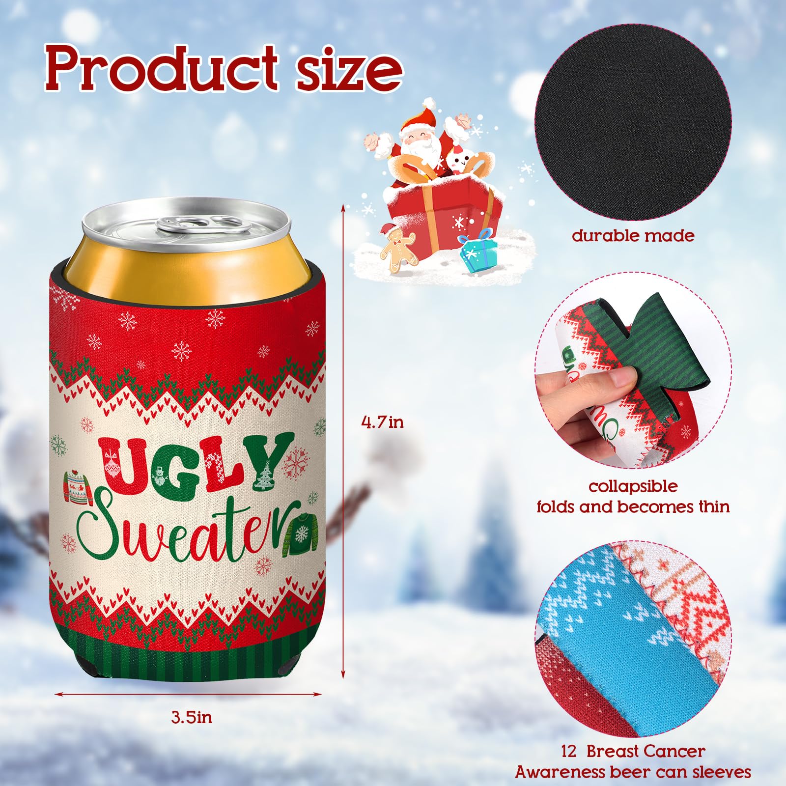 Tiamon 12 Pcs Christmas Ugly Sweater Beer Can Sleeves Xmas Can Cooler Sleeves Funny Christmas Can Covers Drink Beverages Bottle Sleeves Holiday Party Gift Decorations Supplies