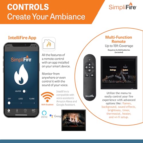 SimpliFire Inception 36" Electric Fireplace with Mantel Option - Digital Spark Technology True-to-Life Flames, Glowing Embers, Hand-Painted Logs, WiFi IntelliFire App, Voice & Remote Control - Folio