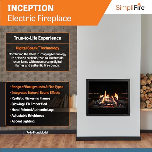 SimpliFire Inception 36" Electric Fireplace with Mantel Option - Digital Spark Technology True-to-Life Flames, Glowing Embers, Hand-Painted Logs, WiFi IntelliFire App, Voice & Remote Control - Folio