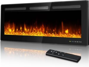 manastin 50" electric fireplace insert ultra-thin recessed wall mounted fireplace insert 750/1500w adjustable flame linear fireplace heater with 12h timer/remote control/touch screen/crystal stone