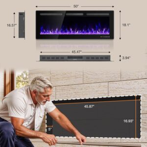 Manastin 50" Electric Fireplace Insert Ultra-Thin Recessed Wall Mounted Fireplace Insert 750/1500W Adjustable Flame Linear Fireplace Heater with 12h Timer/Remote Control/Touch Screen/Crystal Stone