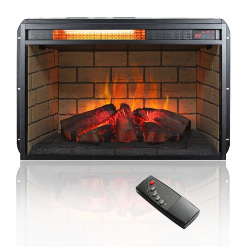 TINGSING 26" Infrared Quartz Electric Fireplace Insert, Indoor Fireplace Heater, Recessed Fireplace Heater with Adjustable Flame Effects, Timer, Thermostat, Remote Control, woodlog Version with Brick