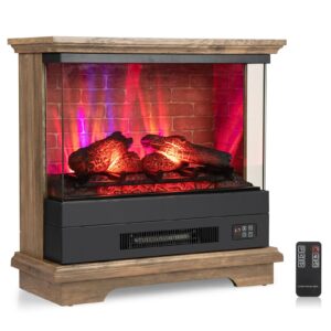 costway electric fireplace with 3-sided glass 27-inch wide, 1400w freestanding fireplace heater with remote control, 7-level vivid flame, thermostat, 0.5-6h timer, overheating protection, natural