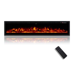 LUXOAK Electric Fireplace Inserts 60 Inch Wall Mounted Black Fireplaces Heater Adjustable Modern Flame Color for Living Room Log Set Crystal Fire Place with Remote Timer