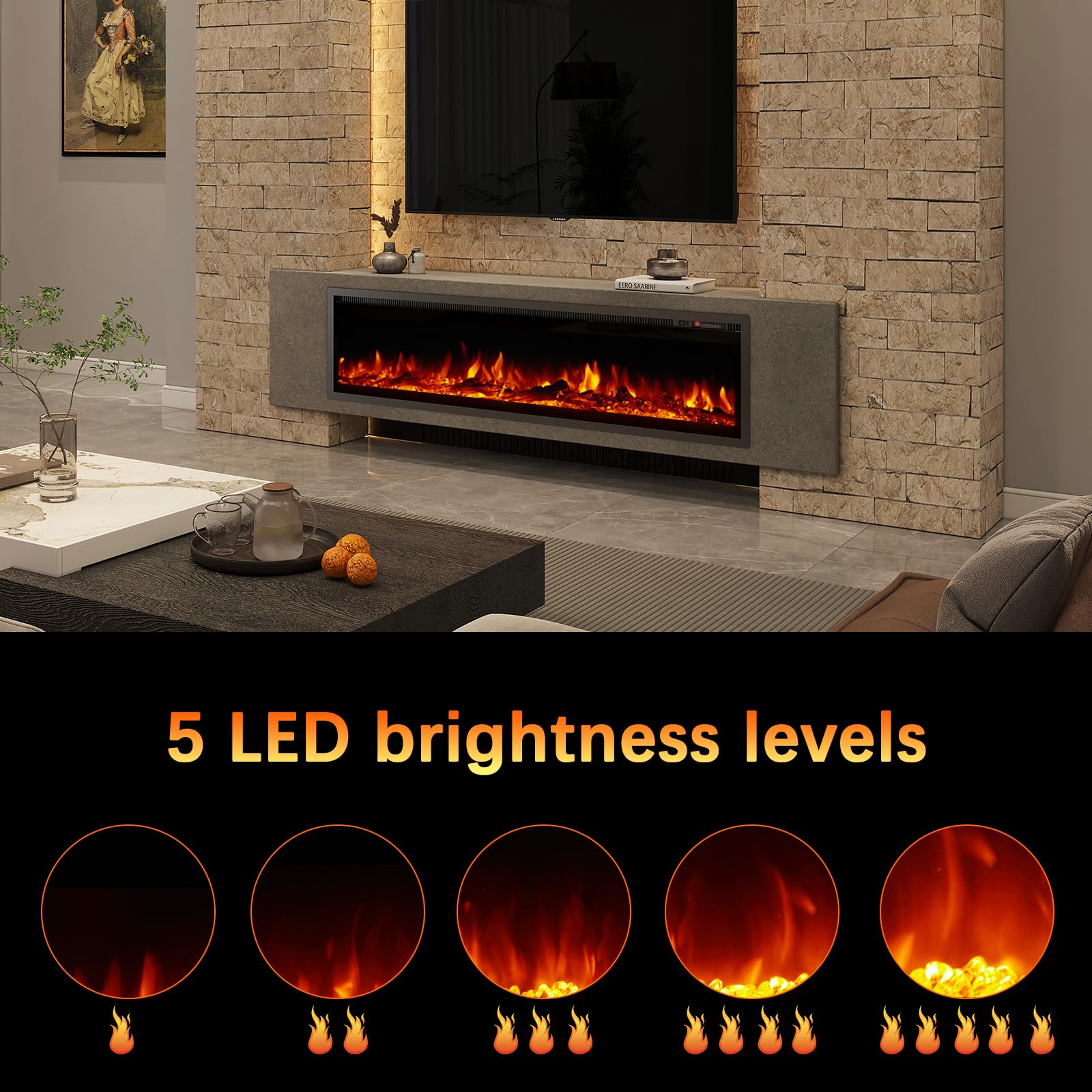 LUXOAK Electric Fireplace Inserts 60 Inch Wall Mounted Black Fireplaces Heater Adjustable Modern Flame Color for Living Room Log Set Crystal Fire Place with Remote Timer