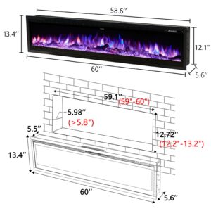 LUXOAK Electric Fireplace Inserts 60 Inch Wall Mounted Black Fireplaces Heater Adjustable Modern Flame Color for Living Room Log Set Crystal Fire Place with Remote Timer