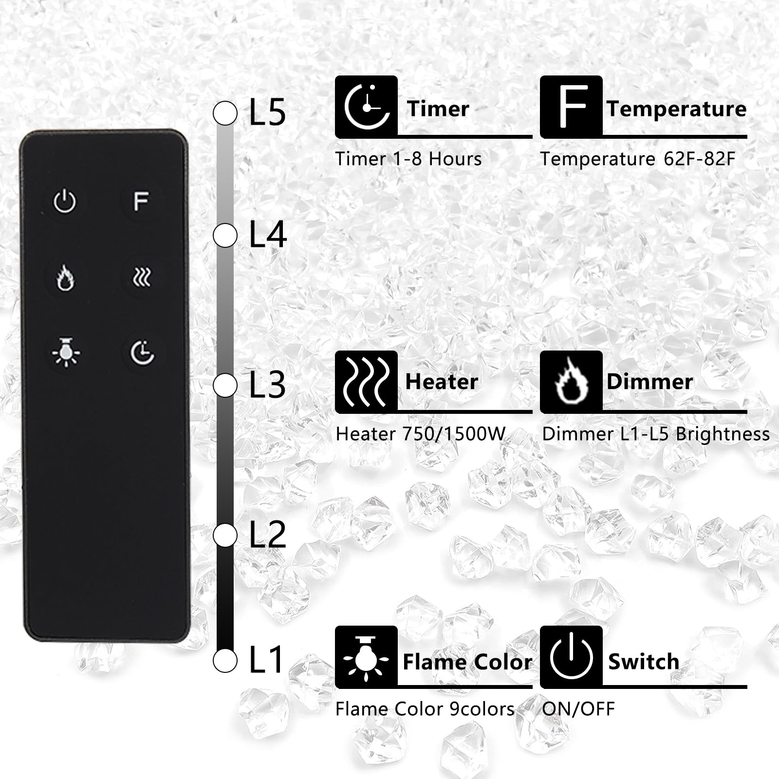 LUXOAK Electric Fireplace Inserts 60 Inch Wall Mounted Black Fireplaces Heater Adjustable Modern Flame Color for Living Room Log Set Crystal Fire Place with Remote Timer