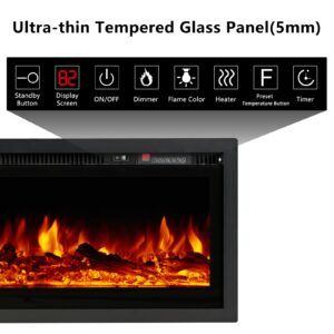 LUXOAK Electric Fireplace Inserts 60 Inch Wall Mounted Black Fireplaces Heater Adjustable Modern Flame Color for Living Room Log Set Crystal Fire Place with Remote Timer