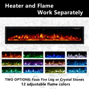 LUXOAK Electric Fireplace Inserts 60 Inch Wall Mounted Black Fireplaces Heater Adjustable Modern Flame Color for Living Room Log Set Crystal Fire Place with Remote Timer