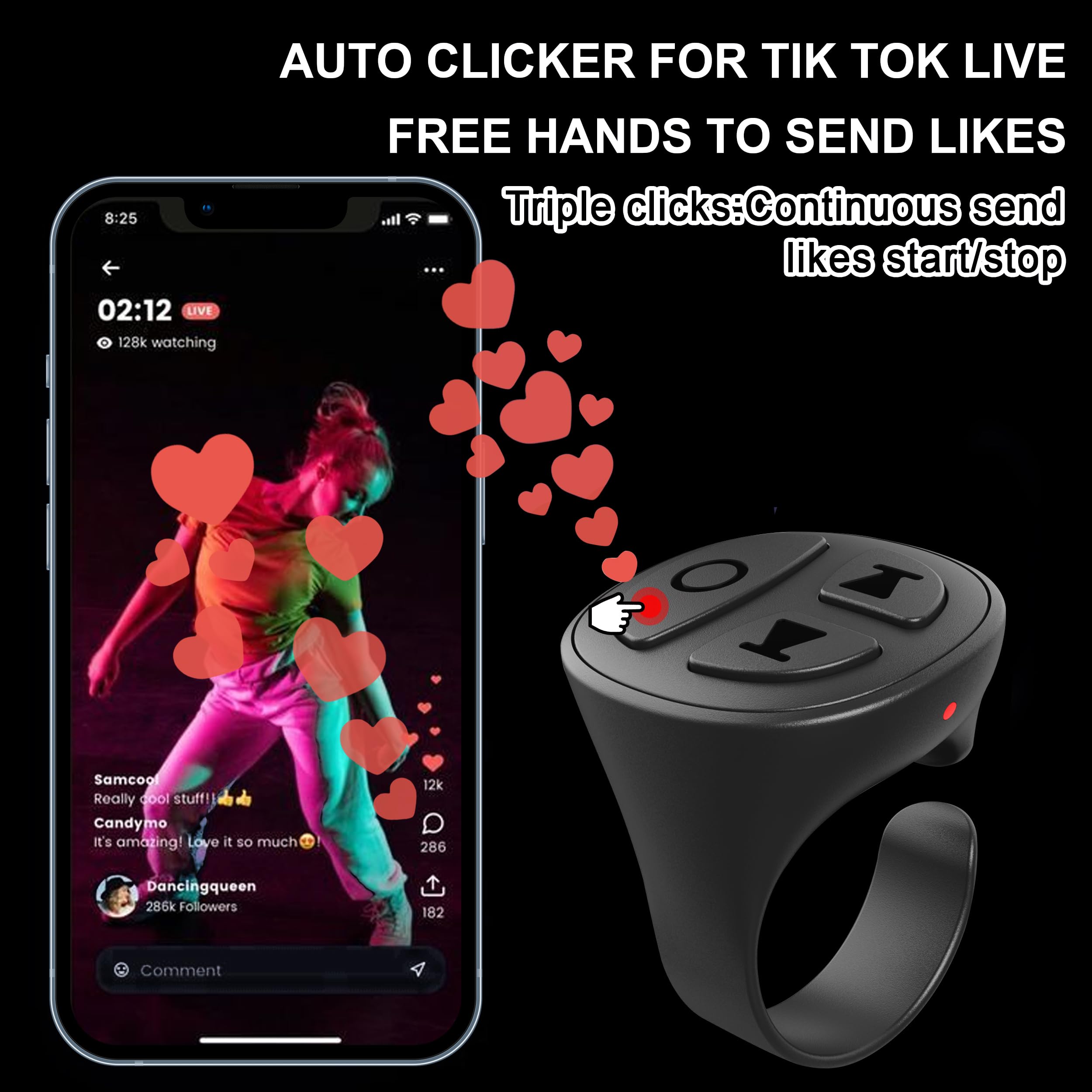 SOFAMIRI TikTok Scrolling Ring Remote Control Kindle App Page Turner Bluetooth Media Button Remote Selfie TIK Tok Scrolling Ring for iPhone iPad iOS Android (D02, Black)