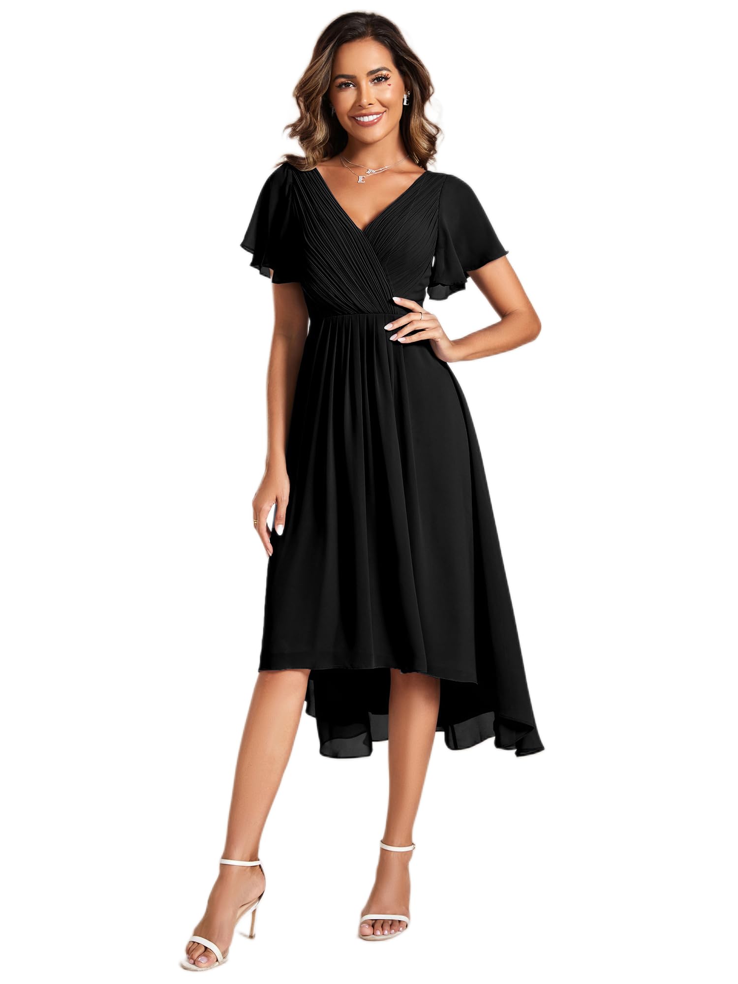 Ever-Pretty Women's Chiffon V-Neck Short Wedding Guest Dress with Ruffled Sleeves Black US12