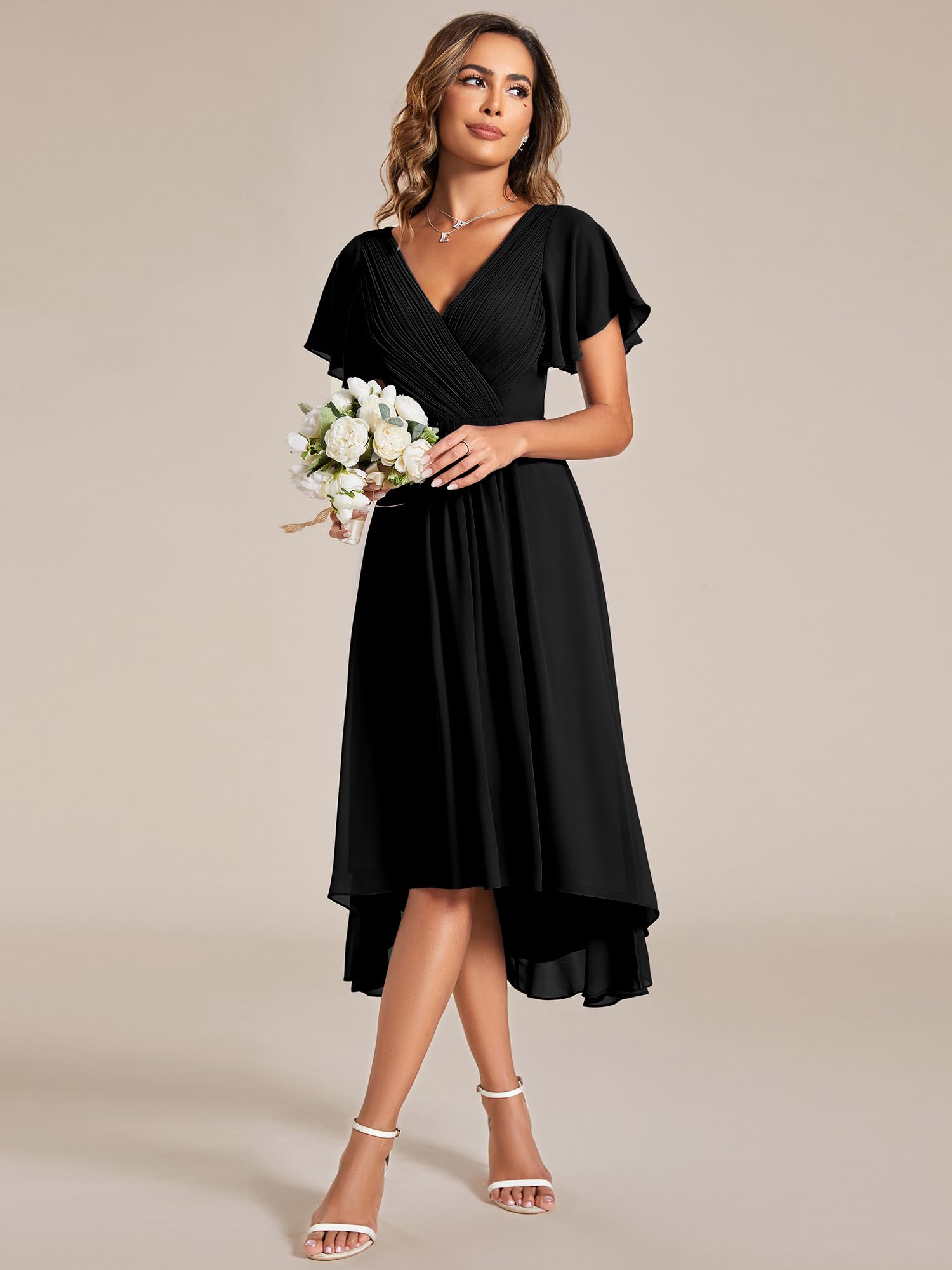 Ever-Pretty Women's Chiffon V-Neck Short Wedding Guest Dress with Ruffled Sleeves Black US12