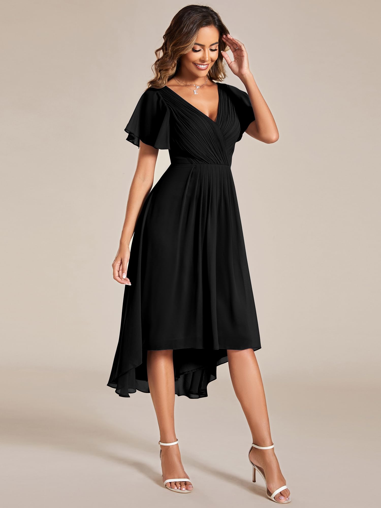 Ever-Pretty Women's Chiffon V-Neck Short Wedding Guest Dress with Ruffled Sleeves Black US12