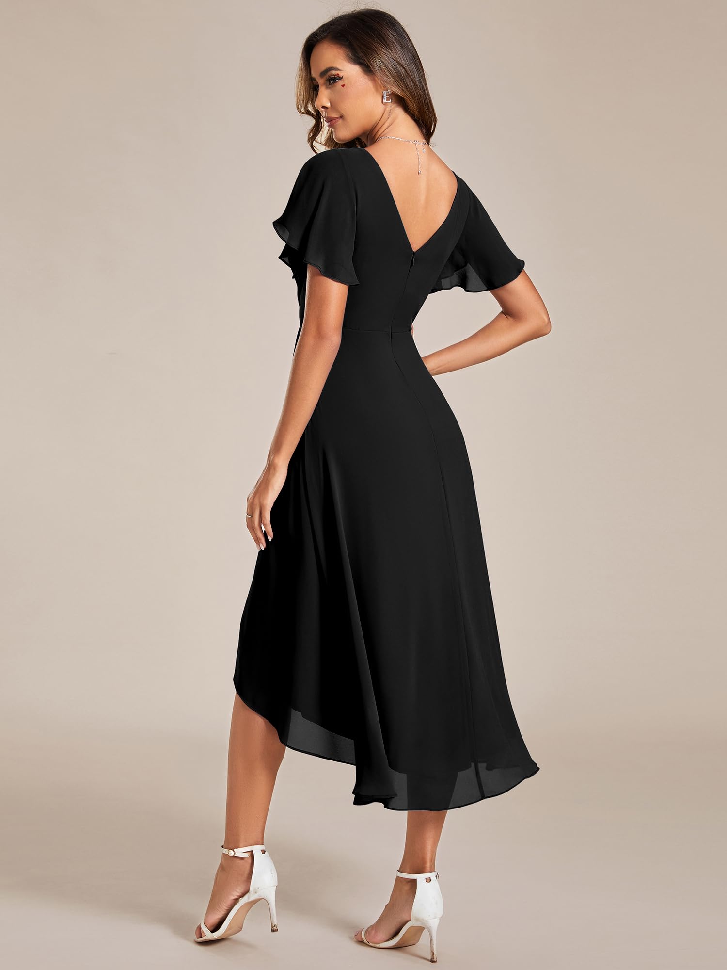 Ever-Pretty Women's Chiffon V-Neck Short Wedding Guest Dress with Ruffled Sleeves Black US12