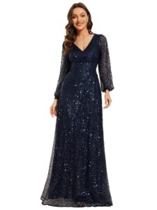ever-pretty women's sequin a-line v neck beaded gown long sheer sleeves cocktail evening gown navy blue us10