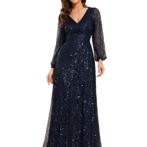 Ever-Pretty Women's Sequin A-Line V Neck Beaded Gown Long Sheer Sleeves Cocktail Evening Gown Navy Blue US10