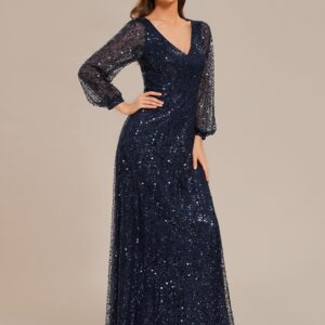 Ever-Pretty Women's Sequin A-Line V Neck Beaded Gown Long Sheer Sleeves Cocktail Evening Gown Navy Blue US10