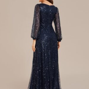 Ever-Pretty Women's Sequin A-Line V Neck Beaded Gown Long Sheer Sleeves Cocktail Evening Gown Navy Blue US10