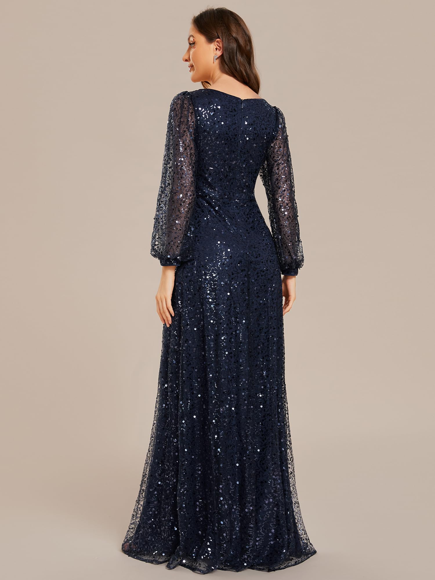 Ever-Pretty Women's Sequin A-Line V Neck Beaded Gown Long Sheer Sleeves Cocktail Evening Gown Navy Blue US10