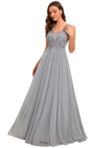 ever-pretty women's flowy appliques v neck a line sleeveless tulle pleated evening gowns gray us8
