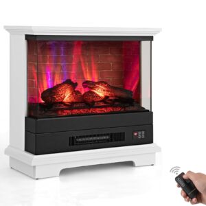 oralner 27” electric fireplace with mantel, 3-sided glass view, wooden surround firebox, freestanding fireplace heater w/ 7 flame colors, remote & 6h timer, overheat protection, 1400w (white)