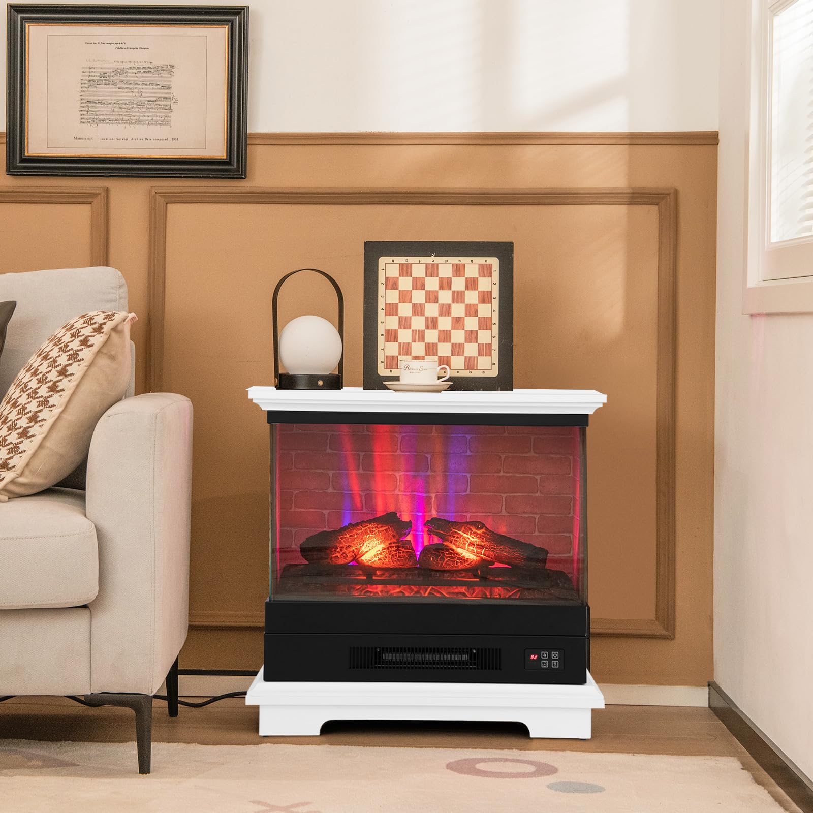 ORALNER 27” Electric Fireplace with Mantel, 3-Sided Glass View, Wooden Surround Firebox, Freestanding Fireplace Heater w/ 7 Flame Colors, Remote & 6H Timer, Overheat Protection, 1400W (White)