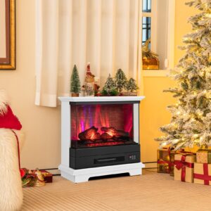 ORALNER 27” Electric Fireplace with Mantel, 3-Sided Glass View, Wooden Surround Firebox, Freestanding Fireplace Heater w/ 7 Flame Colors, Remote & 6H Timer, Overheat Protection, 1400W (White)