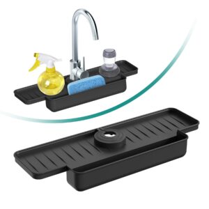 silicone faucet splash guard kitchen sink splash guard upgraded faucet water catcher tray - 15.75” x 5.5''x2” - sink sponge holder for kitchen, bathroom(black)