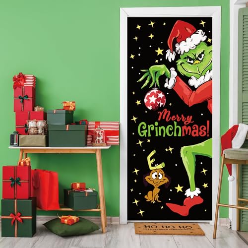 Grinch Door Cover Decorations for Christmas - Holiday Backdrop Banner for Front Door - Outdoor and Indoor Winter Party Decor