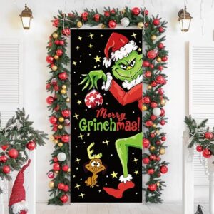 grinch door cover decorations for christmas - holiday backdrop banner for front door - outdoor and indoor winter party decor