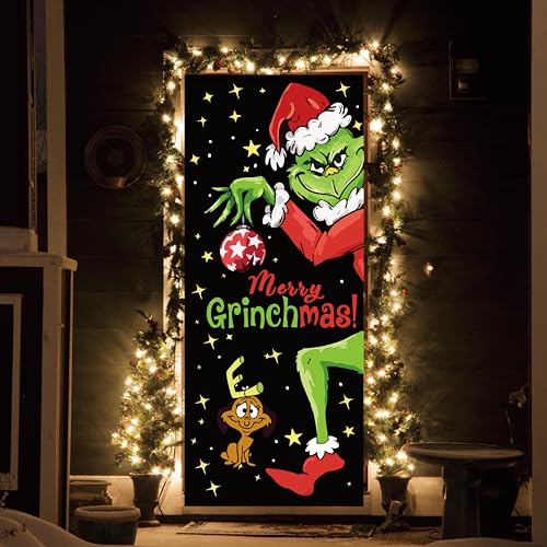 Grinch Door Cover Decorations for Christmas - Holiday Backdrop Banner for Front Door - Outdoor and Indoor Winter Party Decor