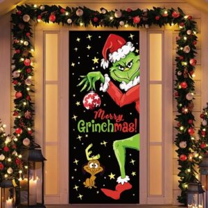 Grinch Door Cover Decorations for Christmas - Holiday Backdrop Banner for Front Door - Outdoor and Indoor Winter Party Decor
