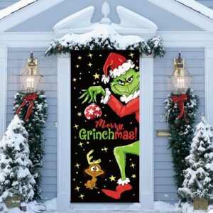 Grinch Door Cover Decorations for Christmas - Holiday Backdrop Banner for Front Door - Outdoor and Indoor Winter Party Decor