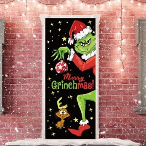 Grinch Door Cover Decorations for Christmas - Holiday Backdrop Banner for Front Door - Outdoor and Indoor Winter Party Decor