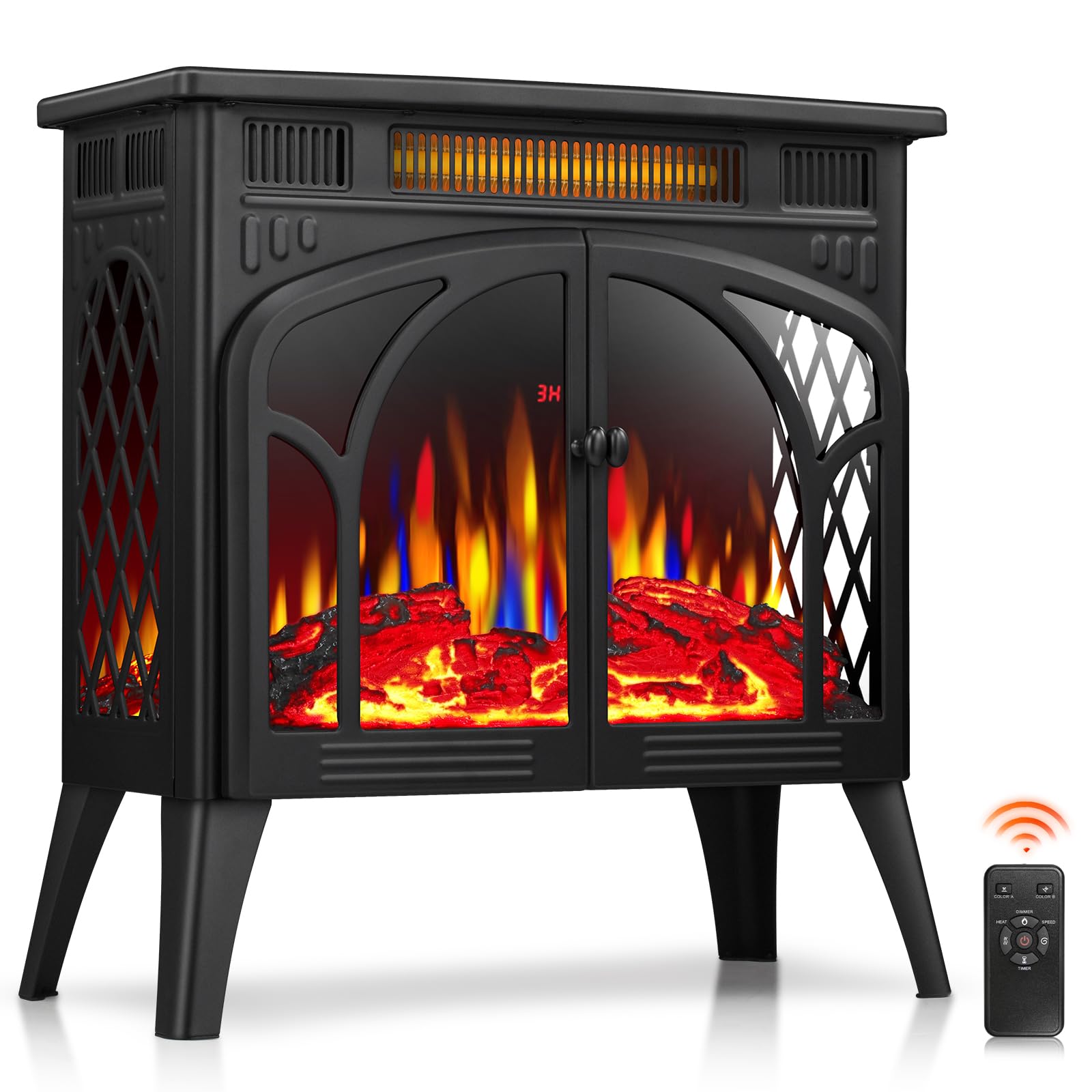 ZAFRO Electric Fireplace Heater,5,100 BTU Freestanding Fireplace with Remote Control and Timing Function,Adjustable Flame Color,500W/1500W,Black