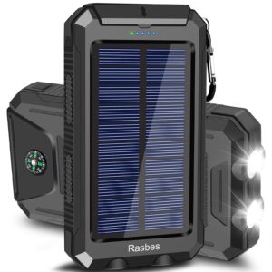 rasbes solar charger, portable 38800mah solar power bank ipx5 waterproof with built-in solar panel charger and led flashlight, solar phone charger battery pack for all cellphones. (black)