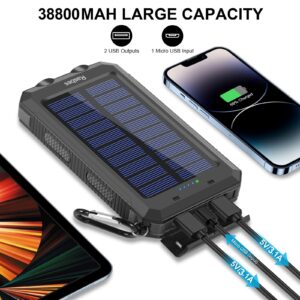 Rasbes Solar Charger, Portable 38800mAh Solar Power Bank IPX5 Waterproof with Built-in Solar Panel Charger and LED Flashlight, Solar Phone Charger Battery Pack for All CellPhones. (Black)