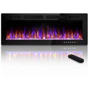 waleaf 50 inch ultra-thin electric fireplace wall mounted/recessed，fireplace heater with multicolor flame，timer low noise 750/1500w，with remote control touch screen