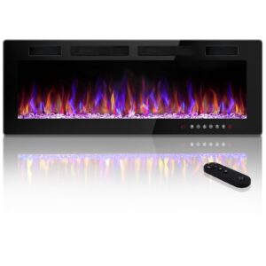 Waleaf 50 inch Ultra-Thin Electric Fireplace Wall Mounted/Recessed，Fireplace Heater with Multicolor Flame，Timer Low Noise 750/1500W，with Remote Control Touch Screen