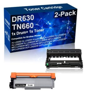 2-pack (1x drum+ 1x toner) compatible high yield dr630 dr-630 printer drum unit & tn660 tn-660 printer cartridge used for brother hl-l2305w hl-l2320d hl-l2380dw mfc-l2707dw dcp-l2540dw printer (black)