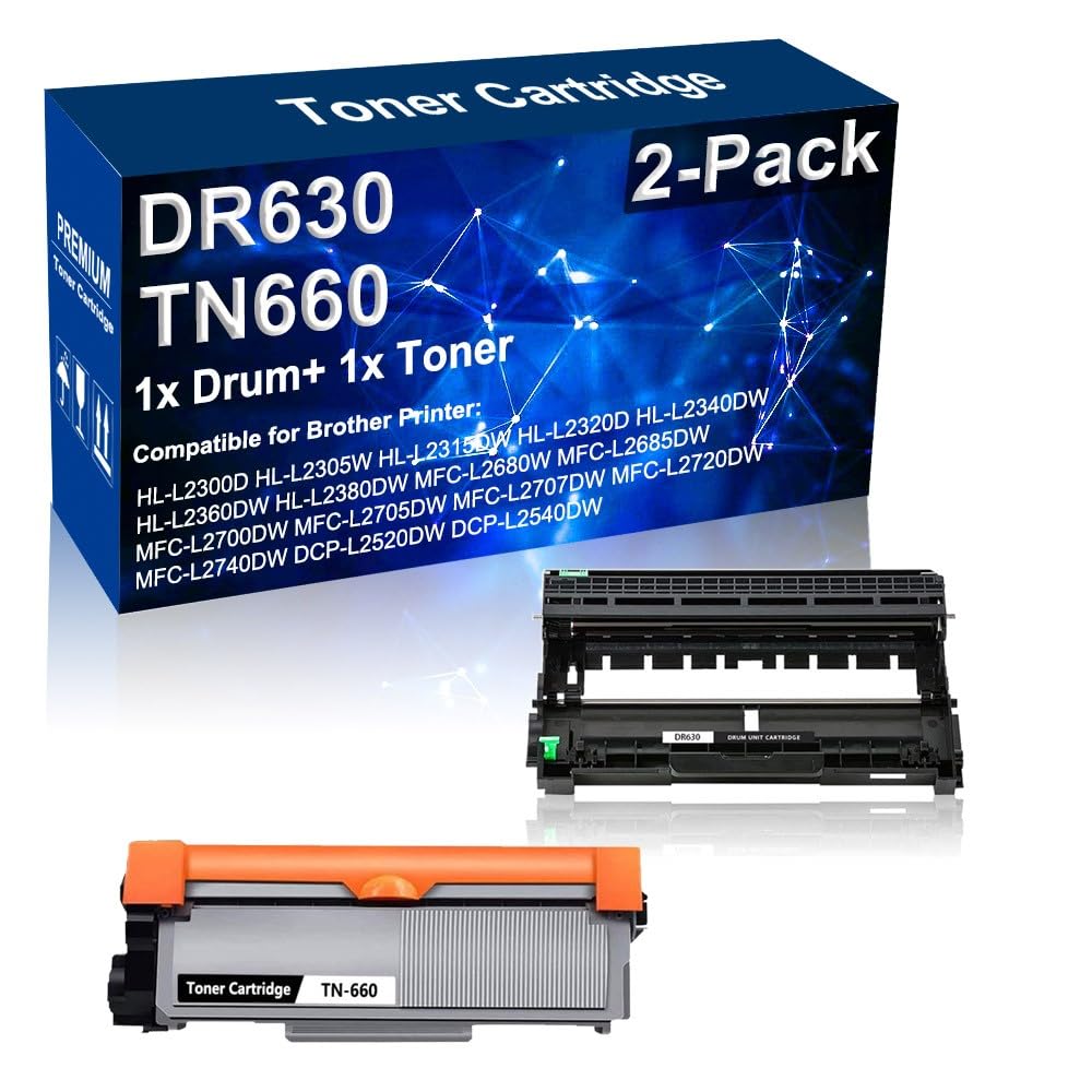 2-Pack (1x Drum+ 1x Toner) Compatible High Yield DR630 DR-630 Printer Drum Unit & TN660 TN-660 Printer Cartridge Used for Brother HL-L2305W HL-L2320D HL-L2380DW MFC-L2707DW DCP-L2540DW Printer (Black)