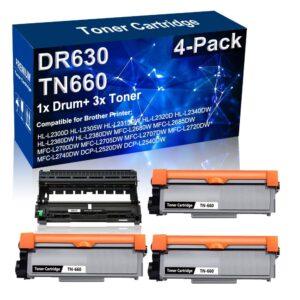 4-pack (1x drum+ 3x toner) compatible high yield dr630 dr-630 printer drum unit & tn660 tn-660 printer cartridge used for brother hl-l2305w hl-l2320d hl-l2380dw mfc-l2707dw dcp-l2540dw printer (black)