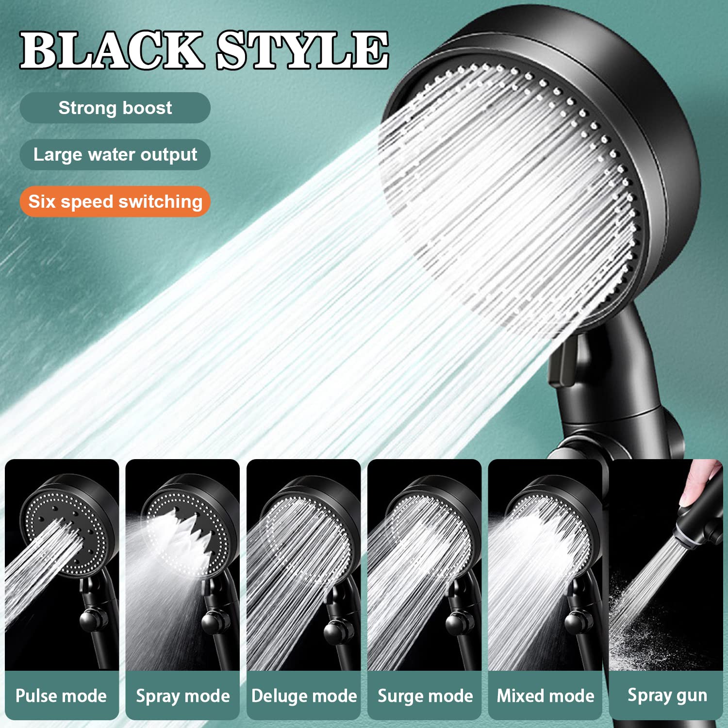 5 Functions Shower Head Shower Head with Handheld High Pressure-Full Body Coverage Powerful Rain Hard Water Softener Filtered Shower Head(Black)