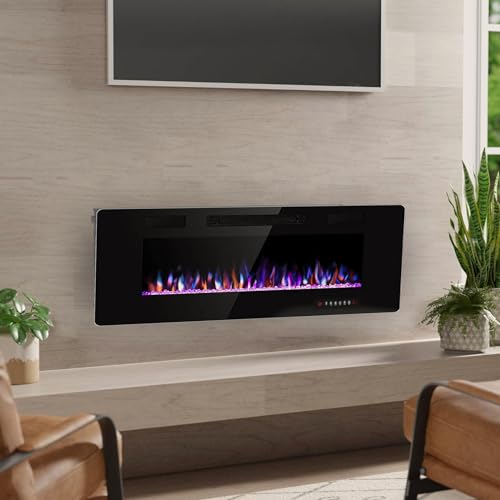 ZAFRO 50” Electronic Fireplace with Control Remote, 750/1500W Heat,12 Flame and Crystal Colors, Electronic Fireplace Heater with overheating Protection, Below 45 dB