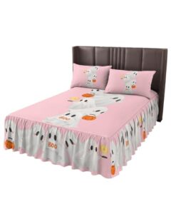 amzricher halloween wrap around pleated bed skirts for queen bed 60x80, decorative dust ruffle bed sheet & bedskirt 18'' drop bedspread with pillow case 20x30 white ghost pumpkin blush pink