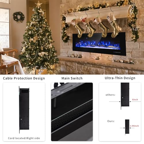 Sumajuc 50 inch Ultra-Thin Electric Fireplace Recessed and Wall Mounted,32 Color Combinations Adjustable Fireplace,750/1500W Heater w/Thermostat,Timer,Touch Screen & Remote Control,Log Set & Crysta